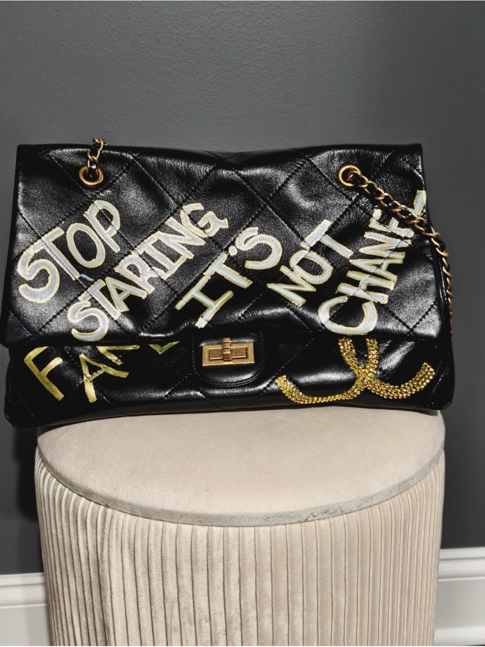 Black Quilted Shoulder Bag with Graffiti Text And Gold Chain